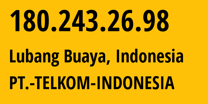 IP-адрес 180.243.26.98 (Lubang Buaya, Jakarta, Индонезия) определить местоположение, координаты на карте, ISP провайдер AS7713 PT.-TELKOM-INDONESIA // кто провайдер айпи-адреса 180.243.26.98