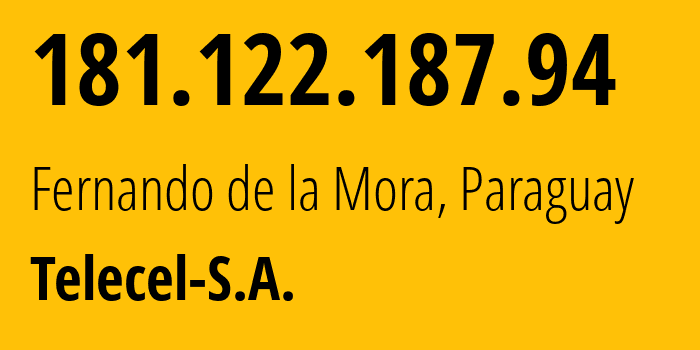 IP-адрес 181.122.187.94 (Fernando de la Mora, Сентраль, Парагвай) определить местоположение, координаты на карте, ISP провайдер AS23201 Telecel-S.A. // кто провайдер айпи-адреса 181.122.187.94