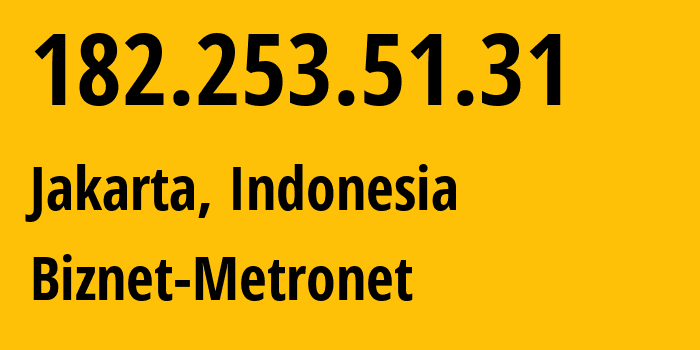 IP address 182.253.51.31 (Jakarta, Jakarta, Indonesia) get location, coordinates on map, ISP provider AS17451 Biznet-Metronet // who is provider of ip address 182.253.51.31, whose IP address