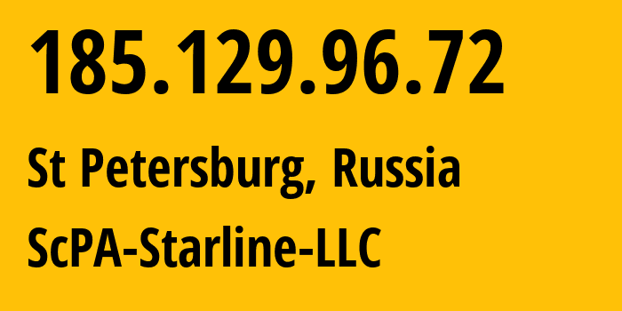 IP-адрес 185.129.96.72 (Санкт-Петербург, Санкт-Петербург, Россия) определить местоположение, координаты на карте, ISP провайдер AS201511 ScPA-Starline-LLC // кто провайдер айпи-адреса 185.129.96.72