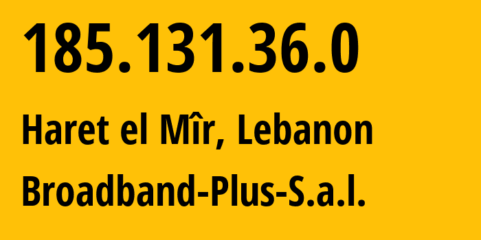 IP-адрес 185.131.36.0 (Haret el Mîr, Mohafazat Mont-Liban, Ливан) определить местоположение, координаты на карте, ISP провайдер AS42334 Broadband-Plus-S.a.l. // кто провайдер айпи-адреса 185.131.36.0