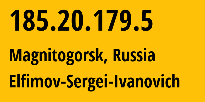 IP address 185.20.179.5 (Magnitogorsk, Chelyabinsk Oblast, Russia) get location, coordinates on map, ISP provider AS43812 Elfimov-Sergei-Ivanovich // who is provider of ip address 185.20.179.5, whose IP address