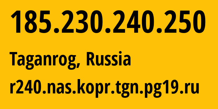 IP address 185.230.240.250 (Taganrog, Rostov Oblast, Russia) get location, coordinates on map, ISP provider AS49037 r240.nas.kopr.tgn.pg19.ru // who is provider of ip address 185.230.240.250, whose IP address