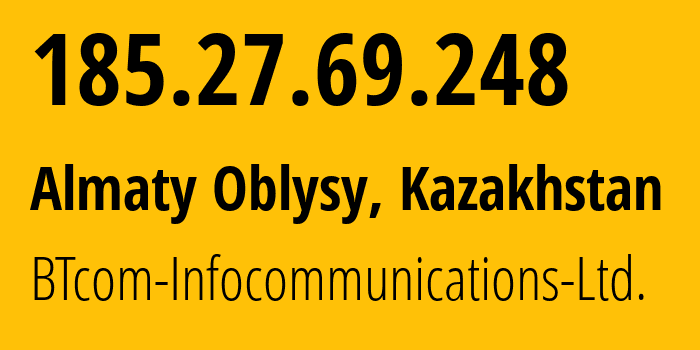 IP address 185.27.69.248 (Almaty Oblysy, Almaty Oblysy, Kazakhstan) get location, coordinates on map, ISP provider AS41124 BTcom-Infocommunications-Ltd. // who is provider of ip address 185.27.69.248, whose IP address