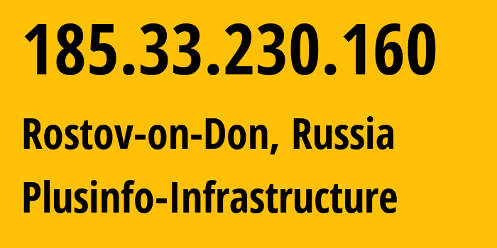 IP address 185.33.230.160 (Rostov-on-Don, Rostov Oblast, Russia) get location, coordinates on map, ISP provider AS58096 Plusinfo-Infrastructure // who is provider of ip address 185.33.230.160, whose IP address