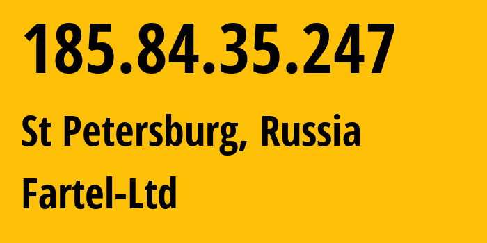 IP address 185.84.35.247 (St Petersburg, St.-Petersburg, Russia) get location, coordinates on map, ISP provider AS50418 Fartel-Ltd // who is provider of ip address 185.84.35.247, whose IP address