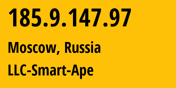 IP-адрес 185.9.147.97 (Москва, Москва, Россия) определить местоположение, координаты на карте, ISP провайдер AS56694 LLC-Smart-Ape // кто провайдер айпи-адреса 185.9.147.97