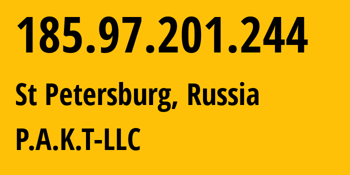 IP-адрес 185.97.201.244 (Санкт-Петербург, Санкт-Петербург, Россия) определить местоположение, координаты на карте, ISP провайдер AS39087 P.A.K.T-LLC // кто провайдер айпи-адреса 185.97.201.244