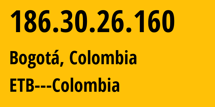 IP-адрес 186.30.26.160 (Богота, Bogota D.C., Колумбия) определить местоположение, координаты на карте, ISP провайдер AS19429 ETB---Colombia // кто провайдер айпи-адреса 186.30.26.160