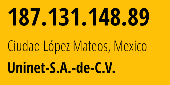 IP address 187.131.148.89 (Ciudad López Mateos, México, Mexico) get location, coordinates on map, ISP provider AS8151 Uninet-S.A.-de-C.V. // who is provider of ip address 187.131.148.89, whose IP address