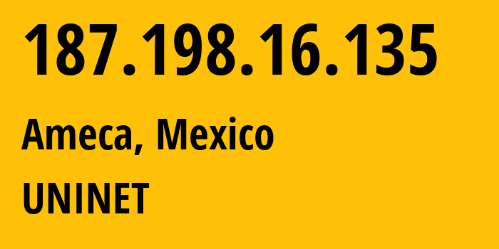 IP address 187.198.16.135 (Ameca, Jalisco, Mexico) get location, coordinates on map, ISP provider AS0 UNINET // who is provider of ip address 187.198.16.135, whose IP address