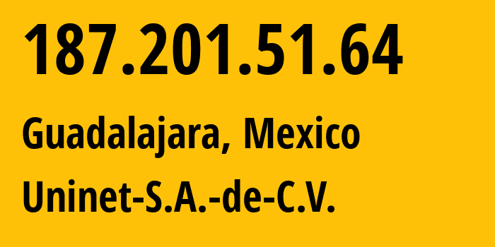 IP address 187.201.51.64 (Guadalajara, Jalisco, Mexico) get location, coordinates on map, ISP provider AS8151 Uninet-S.A.-de-C.V. // who is provider of ip address 187.201.51.64, whose IP address