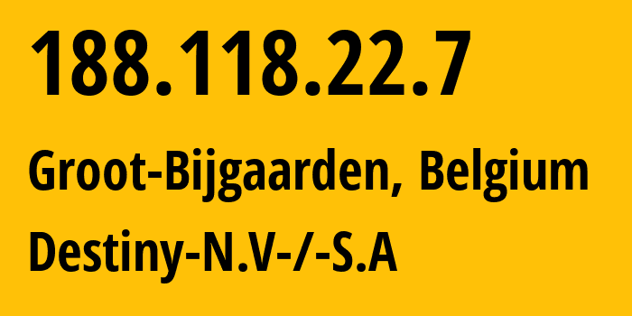 IP address 188.118.22.7 (Groot-Bijgaarden, Flanders, Belgium) get location, coordinates on map, ISP provider AS8368 Destiny-N.V-/-S.A // who is provider of ip address 188.118.22.7, whose IP address