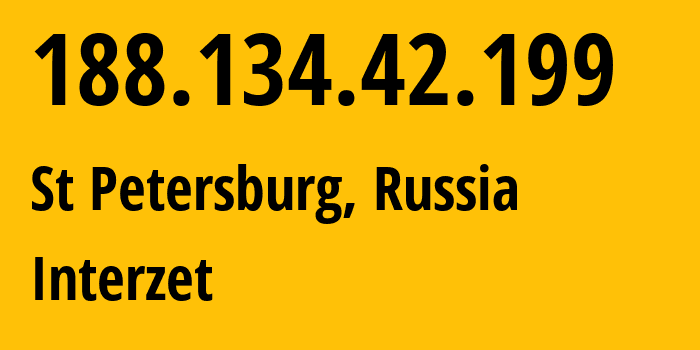 IP-адрес 188.134.42.199 (Санкт-Петербург, Санкт-Петербург, Россия) определить местоположение, координаты на карте, ISP провайдер AS41733 Interzet // кто провайдер айпи-адреса 188.134.42.199