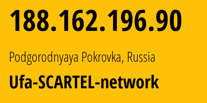 IP address 188.162.196.90 (Podgorodnyaya Pokrovka, Orenburg Oblast, Russia) get location, coordinates on map, ISP provider AS31133 Ufa-SCARTEL-network // who is provider of ip address 188.162.196.90, whose IP address