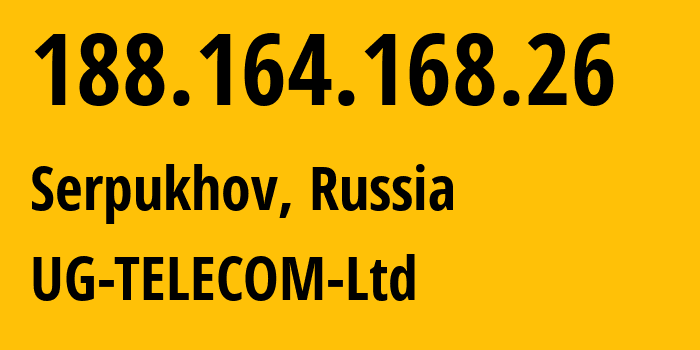 IP-адрес 188.164.168.26 (Серпухов, Московская область, Россия) определить местоположение, координаты на карте, ISP провайдер AS43567 UG-TELECOM-Ltd // кто провайдер айпи-адреса 188.164.168.26