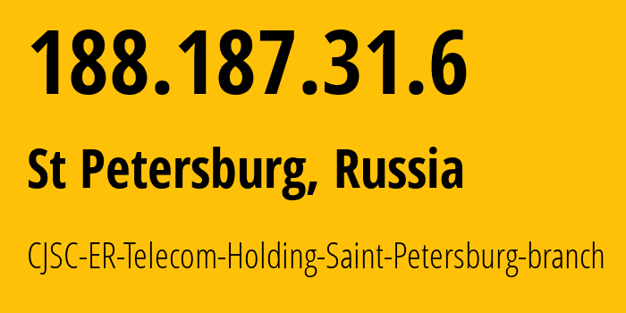 IP address 188.187.31.6 (St Petersburg, St.-Petersburg, Russia) get location, coordinates on map, ISP provider AS51570 CJSC-ER-Telecom-Holding-Saint-Petersburg-branch // who is provider of ip address 188.187.31.6, whose IP address