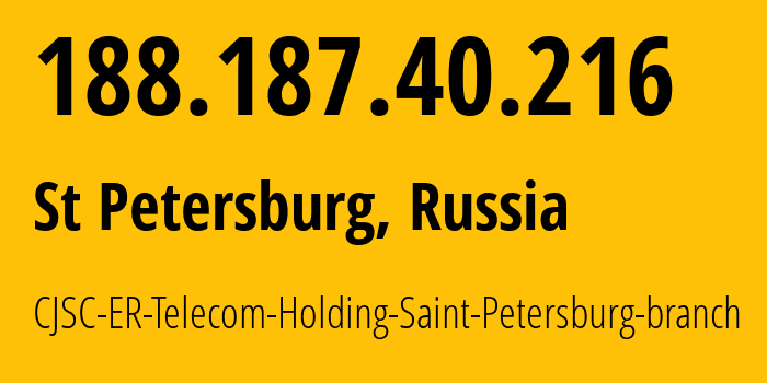 IP-адрес 188.187.40.216 (Санкт-Петербург, Санкт-Петербург, Россия) определить местоположение, координаты на карте, ISP провайдер AS51570 CJSC-ER-Telecom-Holding-Saint-Petersburg-branch // кто провайдер айпи-адреса 188.187.40.216