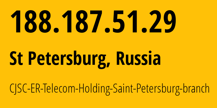 IP-адрес 188.187.51.29 (Санкт-Петербург, Санкт-Петербург, Россия) определить местоположение, координаты на карте, ISP провайдер AS51570 CJSC-ER-Telecom-Holding-Saint-Petersburg-branch // кто провайдер айпи-адреса 188.187.51.29