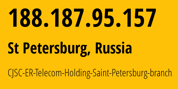 IP-адрес 188.187.95.157 (Санкт-Петербург, Санкт-Петербург, Россия) определить местоположение, координаты на карте, ISP провайдер AS51570 CJSC-ER-Telecom-Holding-Saint-Petersburg-branch // кто провайдер айпи-адреса 188.187.95.157