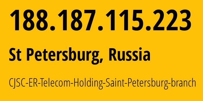 IP-адрес 188.187.115.223 (Санкт-Петербург, Санкт-Петербург, Россия) определить местоположение, координаты на карте, ISP провайдер AS51570 CJSC-ER-Telecom-Holding-Saint-Petersburg-branch // кто провайдер айпи-адреса 188.187.115.223