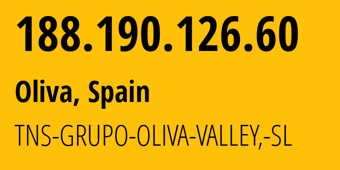 IP-адрес 188.190.126.60 (Олива, Область Валенсия, Испания) определить местоположение, координаты на карте, ISP провайдер AS207294 TNS-GRUPO-OLIVA-VALLEY,-SL // кто провайдер айпи-адреса 188.190.126.60