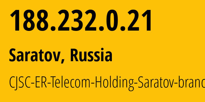 IP-адрес 188.232.0.21 (Саратов, Саратовская Область, Россия) определить местоположение, координаты на карте, ISP провайдер AS50543 CJSC-ER-Telecom-Holding-Saratov-branch // кто провайдер айпи-адреса 188.232.0.21