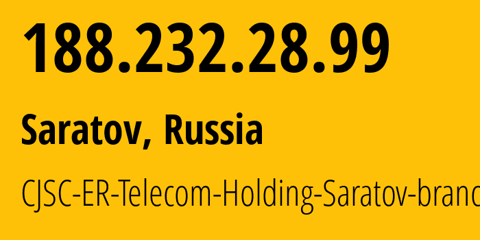 IP-адрес 188.232.28.99 (Саратов, Саратовская Область, Россия) определить местоположение, координаты на карте, ISP провайдер AS50543 CJSC-ER-Telecom-Holding-Saratov-branch // кто провайдер айпи-адреса 188.232.28.99