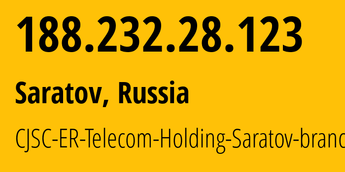 IP address 188.232.28.123 (Saratov, Saratov Oblast, Russia) get location, coordinates on map, ISP provider AS50543 CJSC-ER-Telecom-Holding-Saratov-branch // who is provider of ip address 188.232.28.123, whose IP address