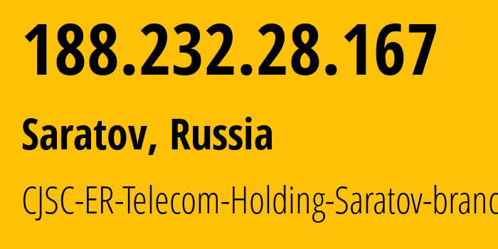 IP-адрес 188.232.28.167 (Саратов, Саратовская Область, Россия) определить местоположение, координаты на карте, ISP провайдер AS50543 CJSC-ER-Telecom-Holding-Saratov-branch // кто провайдер айпи-адреса 188.232.28.167