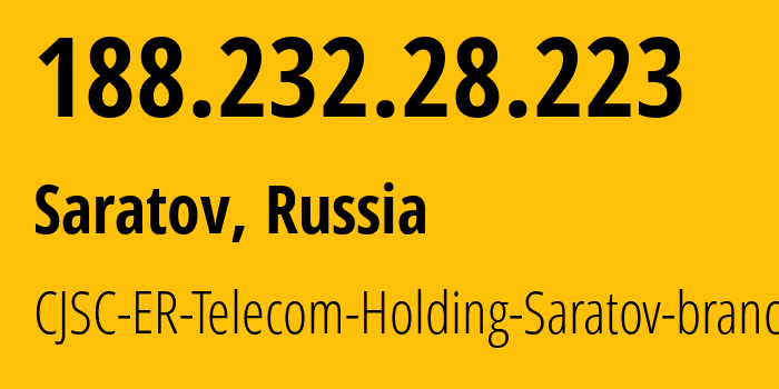 IP-адрес 188.232.28.223 (Саратов, Саратовская Область, Россия) определить местоположение, координаты на карте, ISP провайдер AS50543 CJSC-ER-Telecom-Holding-Saratov-branch // кто провайдер айпи-адреса 188.232.28.223