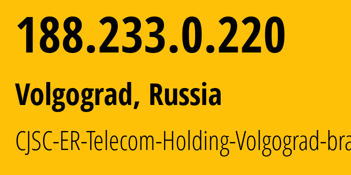 IP-адрес 188.233.0.220 (Волгоград, Волгоградская Область, Россия) определить местоположение, координаты на карте, ISP провайдер AS39435 CJSC-ER-Telecom-Holding-Volgograd-branch // кто провайдер айпи-адреса 188.233.0.220