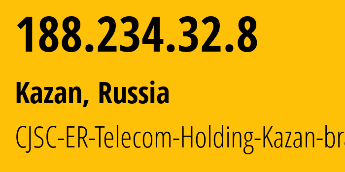 IP-адрес 188.234.32.8 (Казань, Татарстан, Россия) определить местоположение, координаты на карте, ISP провайдер AS41668 CJSC-ER-Telecom-Holding-Kazan-branch // кто провайдер айпи-адреса 188.234.32.8