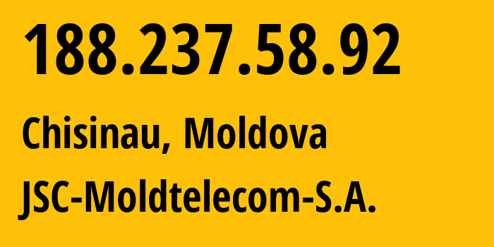 IP address 188.237.58.92 (Chisinau, Chișinău Municipality, Moldova) get location, coordinates on map, ISP provider AS8926 JSC-Moldtelecom-S.A. // who is provider of ip address 188.237.58.92, whose IP address