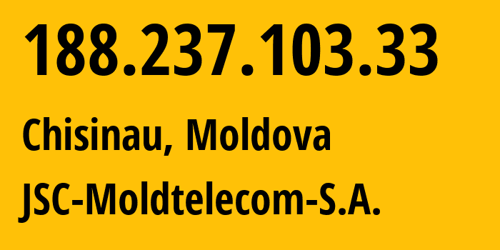 IP-адрес 188.237.103.33 (Кишинёв, Кишинёв, Молдавия) определить местоположение, координаты на карте, ISP провайдер AS8926 JSC-Moldtelecom-S.A. // кто провайдер айпи-адреса 188.237.103.33