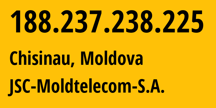 IP address 188.237.238.225 (Chisinau, Chișinău Municipality, Moldova) get location, coordinates on map, ISP provider AS8926 JSC-Moldtelecom-S.A. // who is provider of ip address 188.237.238.225, whose IP address