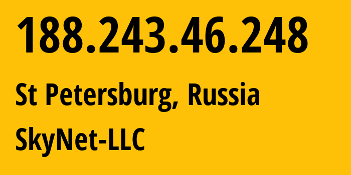 IP-адрес 188.243.46.248 (Санкт-Петербург, Санкт-Петербург, Россия) определить местоположение, координаты на карте, ISP провайдер AS35807 SkyNet-LLC // кто провайдер айпи-адреса 188.243.46.248