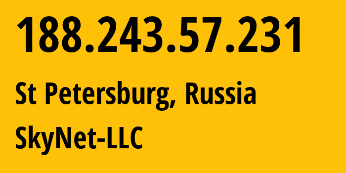 IP-адрес 188.243.57.231 (Санкт-Петербург, Санкт-Петербург, Россия) определить местоположение, координаты на карте, ISP провайдер AS35807 SkyNet-LLC // кто провайдер айпи-адреса 188.243.57.231