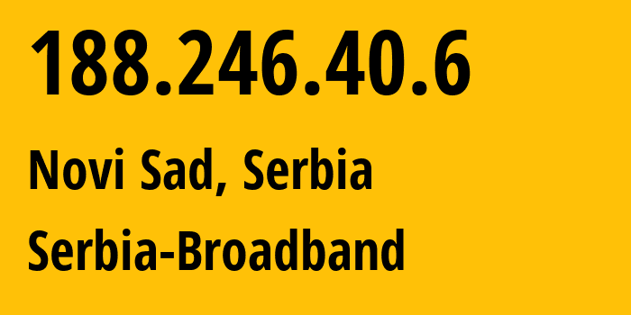 IP-адрес 188.246.40.6 (Нови-Сад, Воеводина, Сербия) определить местоположение, координаты на карте, ISP провайдер AS31042 Serbia-Broadband // кто провайдер айпи-адреса 188.246.40.6