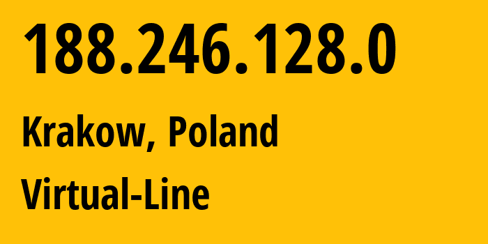 IP-адрес 188.246.128.0 (Краков, Малопольское воеводство, Польша) определить местоположение, координаты на карте, ISP провайдер AS29553 Virtual-Line // кто провайдер айпи-адреса 188.246.128.0