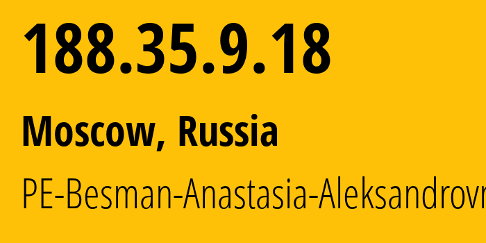 IP address 188.35.9.18 (Moscow, Moscow, Russia) get location, coordinates on map, ISP provider AS206053 PE-Besman-Anastasia-Aleksandrovna // who is provider of ip address 188.35.9.18, whose IP address