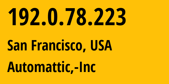 IP address 192.0.78.223 (San Francisco, California, USA) get location, coordinates on map, ISP provider AS2635 Automattic,-Inc // who is provider of ip address 192.0.78.223, whose IP address