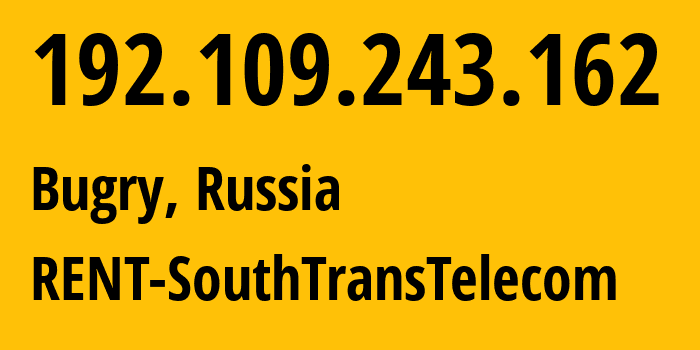 IP address 192.109.243.162 (Bugry, Leningrad Oblast, Russia) get location, coordinates on map, ISP provider AS206448 RENT-SouthTransTelecom // who is provider of ip address 192.109.243.162, whose IP address