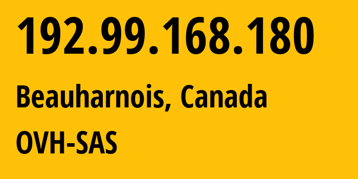 IP address 192.99.168.180 (Beauharnois, Quebec, Canada) get location, coordinates on map, ISP provider AS16276 OVH-SAS // who is provider of ip address 192.99.168.180, whose IP address