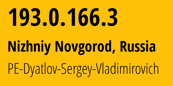 IP address 193.0.166.3 (Nizhniy Novgorod, Nizhny Novgorod Oblast, Russia) get location, coordinates on map, ISP provider AS59596 PE-Dyatlov-Sergei-Vladimirovich // who is provider of ip address 193.0.166.3, whose IP address