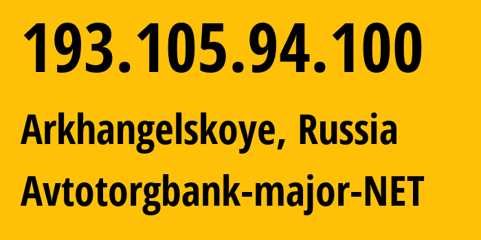 IP-адрес 193.105.94.100 (Архангельское, Московская область, Россия) определить местоположение, координаты на карте, ISP провайдер AS50587 Avtotorgbank-major-NET // кто провайдер айпи-адреса 193.105.94.100