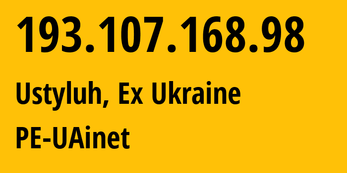 IP address 193.107.168.98 (Volodymyr, Volyn, Ex Ukraine) get location, coordinates on map, ISP provider AS50648 PE-UAinet // who is provider of ip address 193.107.168.98, whose IP address