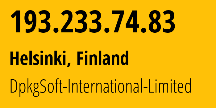 IP address 193.233.74.83 (Helsinki, Uusimaa, Finland) get location, coordinates on map, ISP provider AS215590 DpkgSoft-International-Limited // who is provider of ip address 193.233.74.83, whose IP address