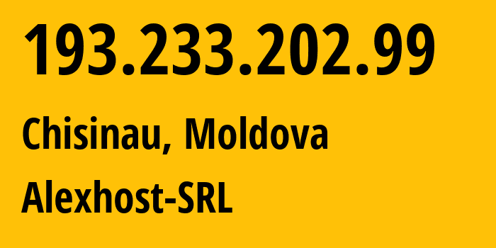 IP address 193.233.202.99 (Chisinau, Chișinău Municipality, Moldova) get location, coordinates on map, ISP provider AS200019 Alexhost-SRL // who is provider of ip address 193.233.202.99, whose IP address