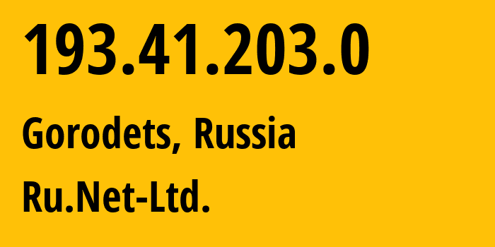 IP address 193.41.203.0 (Gorodets, Nizhny Novgorod Oblast, Russia) get location, coordinates on map, ISP provider AS57250 Ru.Net-Ltd. // who is provider of ip address 193.41.203.0, whose IP address